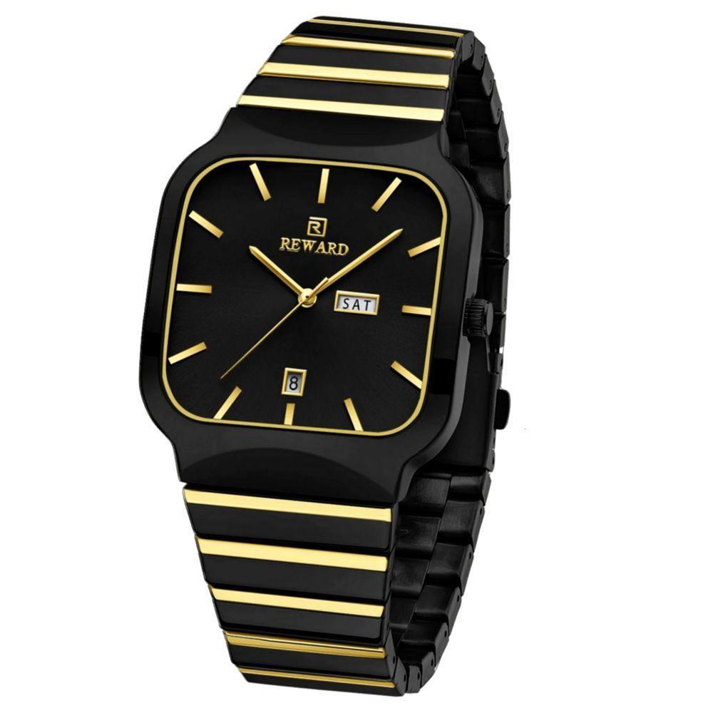 Relógio De Quartzo Masculino Design Esportivo Quadrado Em Aço Inoxidavel Impermeavel Preto Dourado - 1