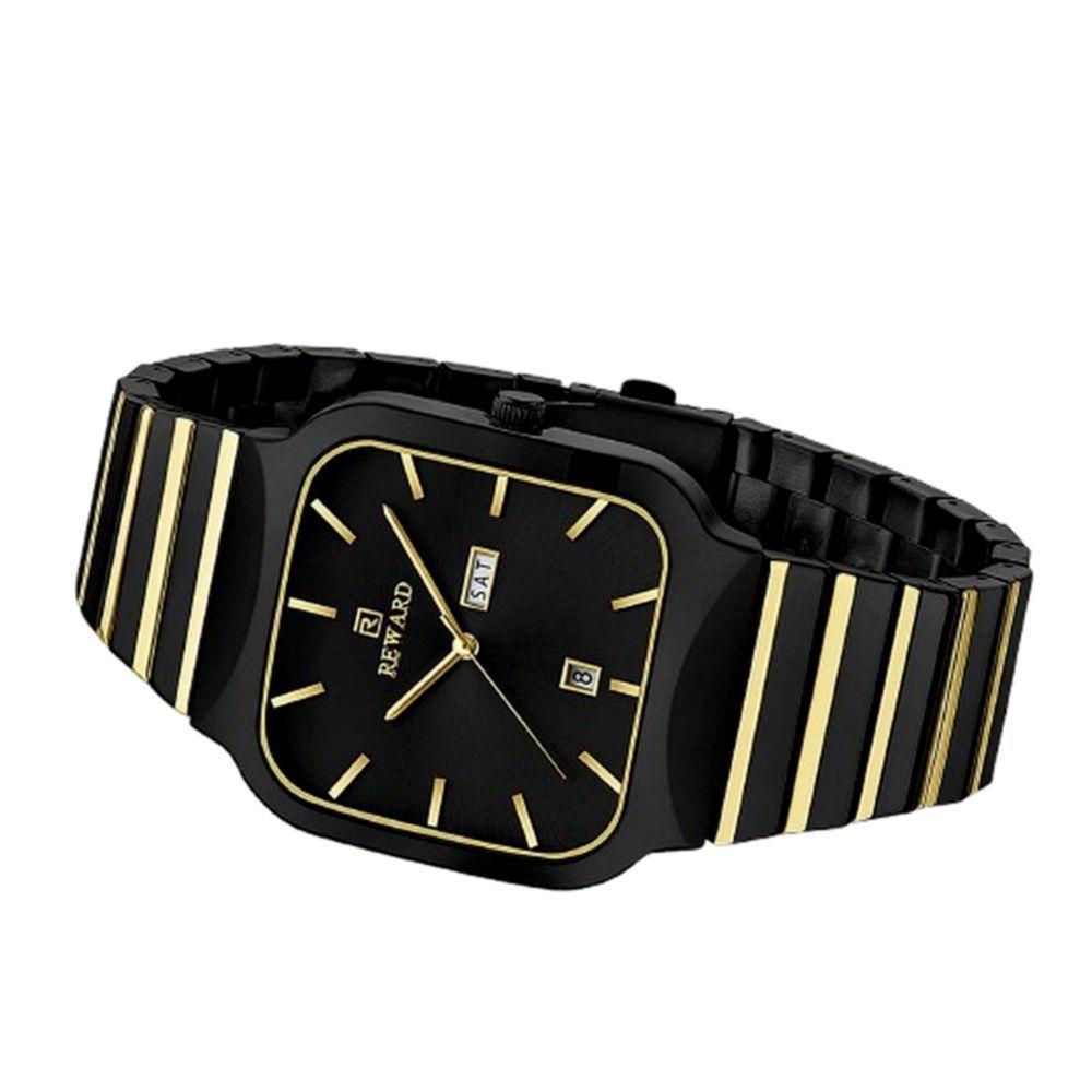 Relógio De Quartzo Masculino Design Esportivo Quadrado Em Aço Inoxidavel Impermeavel Preto Dourado - 2