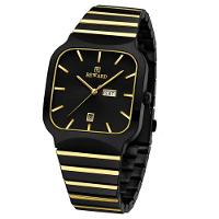 Relógio De Quartzo Masculino Design Esportivo Quadrado Em Aço Inoxidavel Impermeavel Preto Dourado - 1