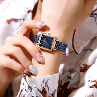 Relógio De Pulso De Quartzo Quadrado Feminino Impermeável Com Strass Elegante Azul - 3