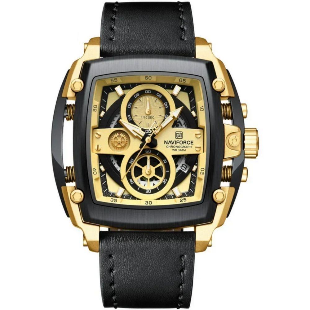 Relógio Masculino Mostrador Grande Design Tonneau à Prova D 'água Preto Dourado - 1