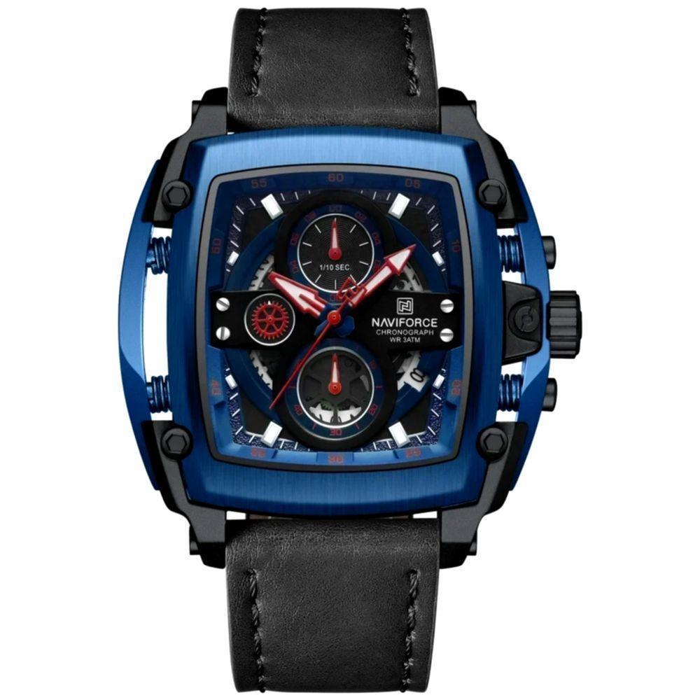 Relógio Masculino Mostrador Grande Design Tonneau à Prova D 'água Preto Azul - 1