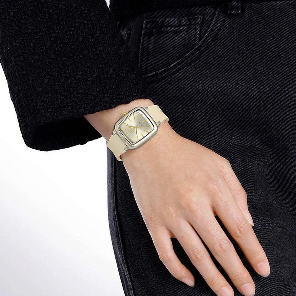 Relogio Feminino Design Quadrado Casual Simples Impermeavel Pulseira Silicone Bege - 3