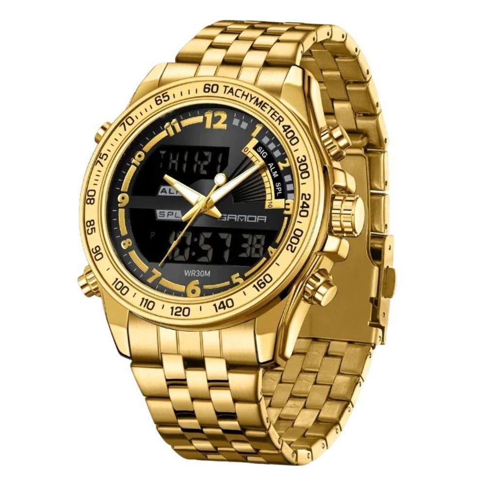 Relógio Multifuncional, Quartzo Eletrônico, Display Duplo 3307 Dourado - 1