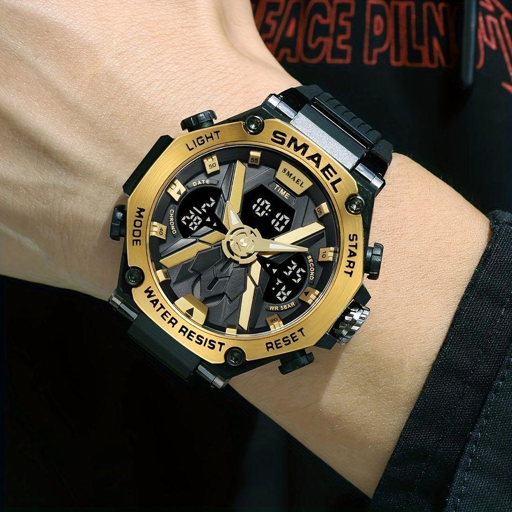 Relógio Digital Smael Com Movimento De Dupla Exibição, Caixa Redonda Dourado - 2