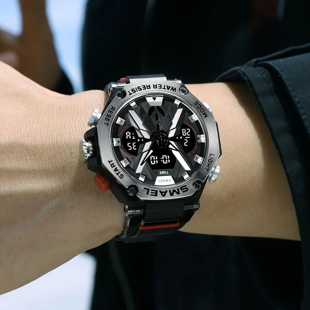 Relógio Digital Smael Com Movimento De Dupla Exibição, Caixa Redonda Preto E Prateado - 2