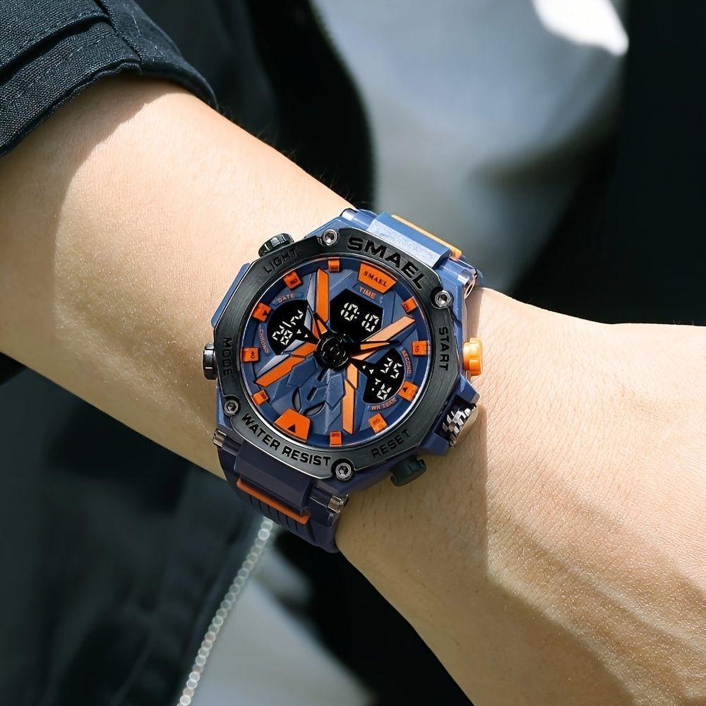 Relógio Digital Smael Com Movimento De Dupla Exibição, Caixa Redonda Azul - 2