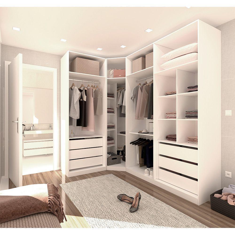 Guarda Roupa Canto 3 Peças, 6 Gavetas, 4 Cabideiros Branco - 1