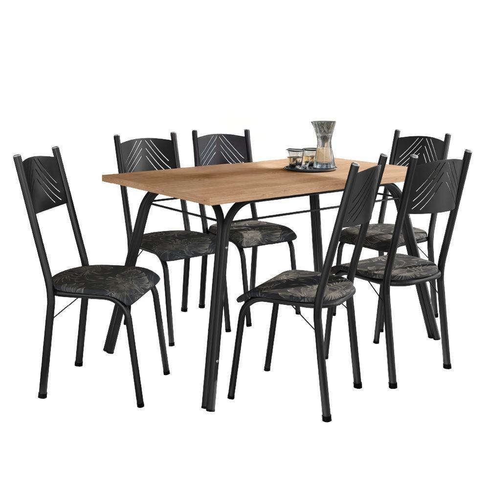 Conjunto De Mesa Sala De Jantar Lotus Com 6 Cadeiras Tampo Madeirado 1,36m Preto Floral Artefamol Preto/flor - 1