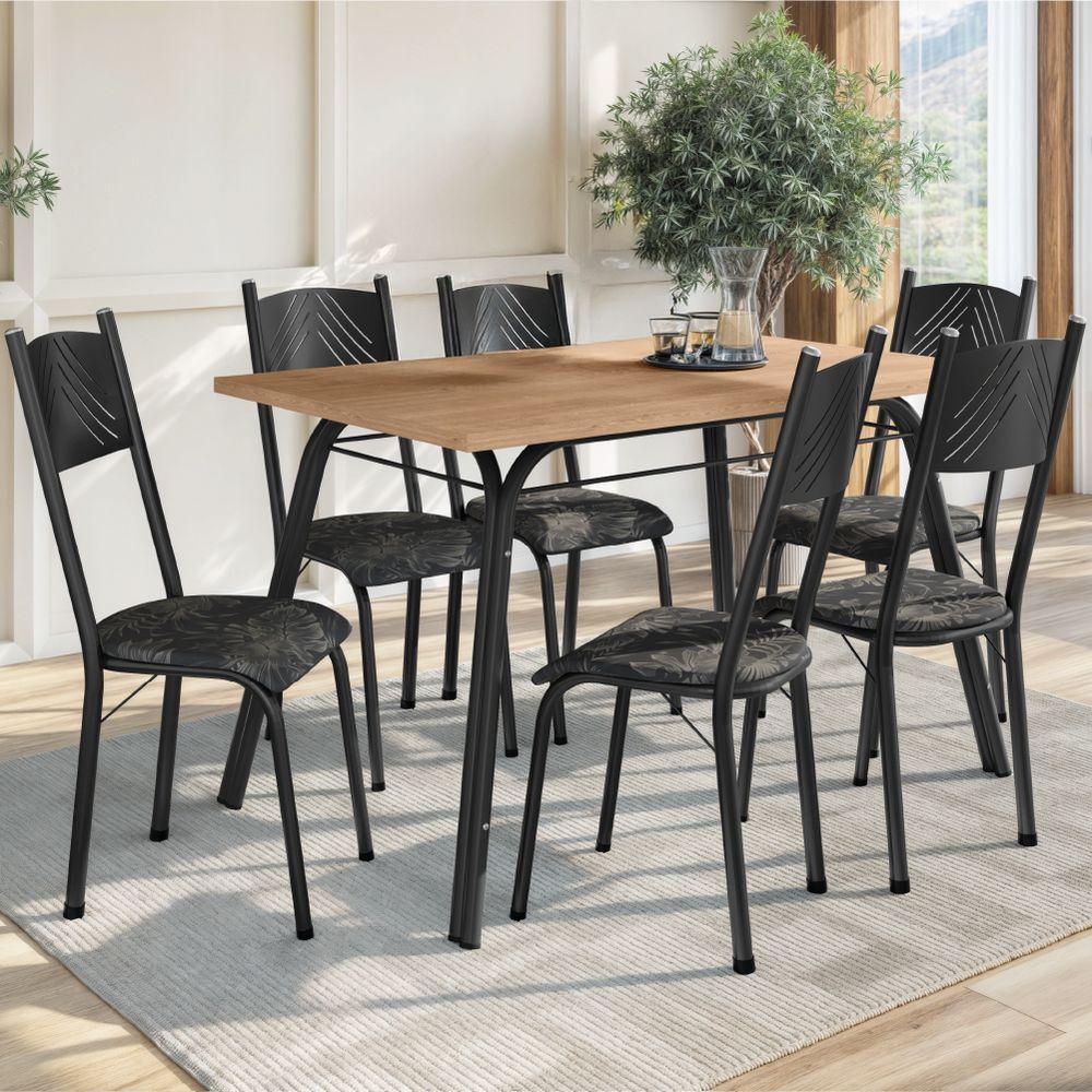 Conjunto De Mesa Sala De Jantar Lotus Com 6 Cadeiras Tampo Madeirado 1,36m Preto Floral Artefamol Preto/flor - 2