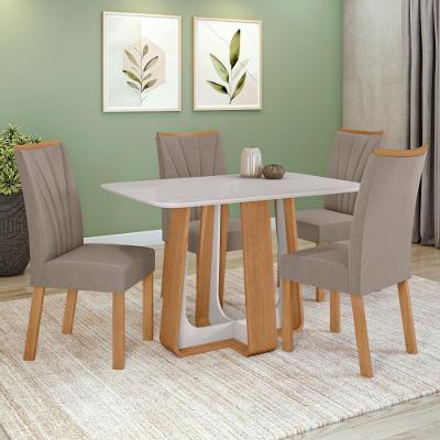 Conjunto Sala de Jantar Mesa 120x80cm Tampo Vidro/MDF 4 Cadeiras Suede Bege Amendoa Clean/Off White