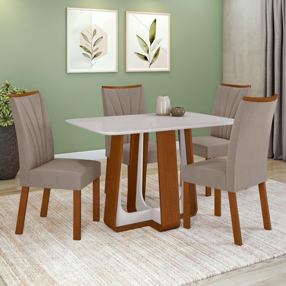 Conjunto Sala De Jantar Mesa Easy Pop 120x80cm Tampo Vidro/MDF Com 4 Cadeiras Confort Suede Bege Frassino/Off White - 1