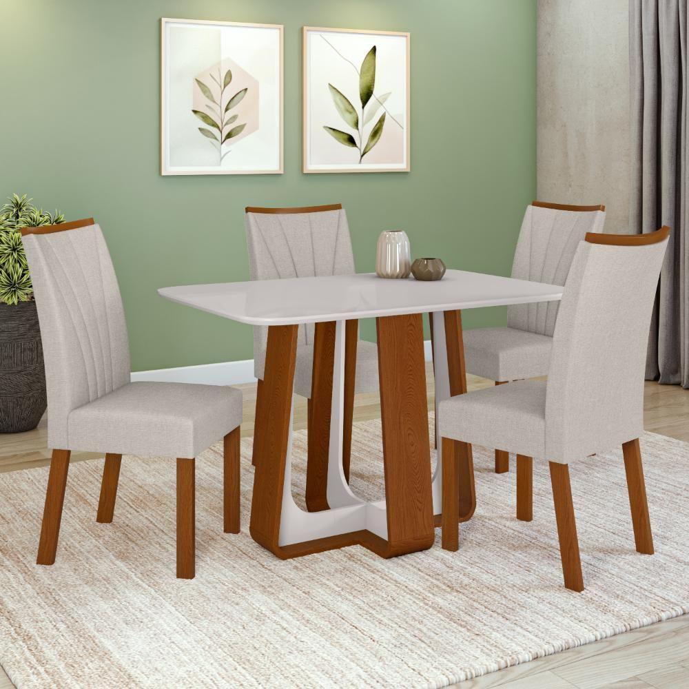 Conjunto Sala De Jantar Mesa Easy Pop 120x80cm Tampo Vidro/MDF Com 4 Cadeiras Confort Linho Cinza Frassino/Off White - 1