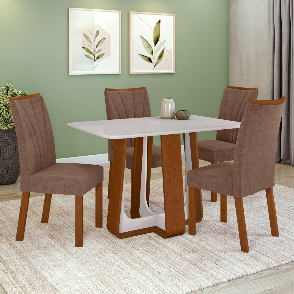 Conjunto Sala De Jantar Mesa Easy Pop 120x80cm Tampo Vidro/MDF Com 4 Cadeiras Confort Couro Morano Frassino/Off White - 1