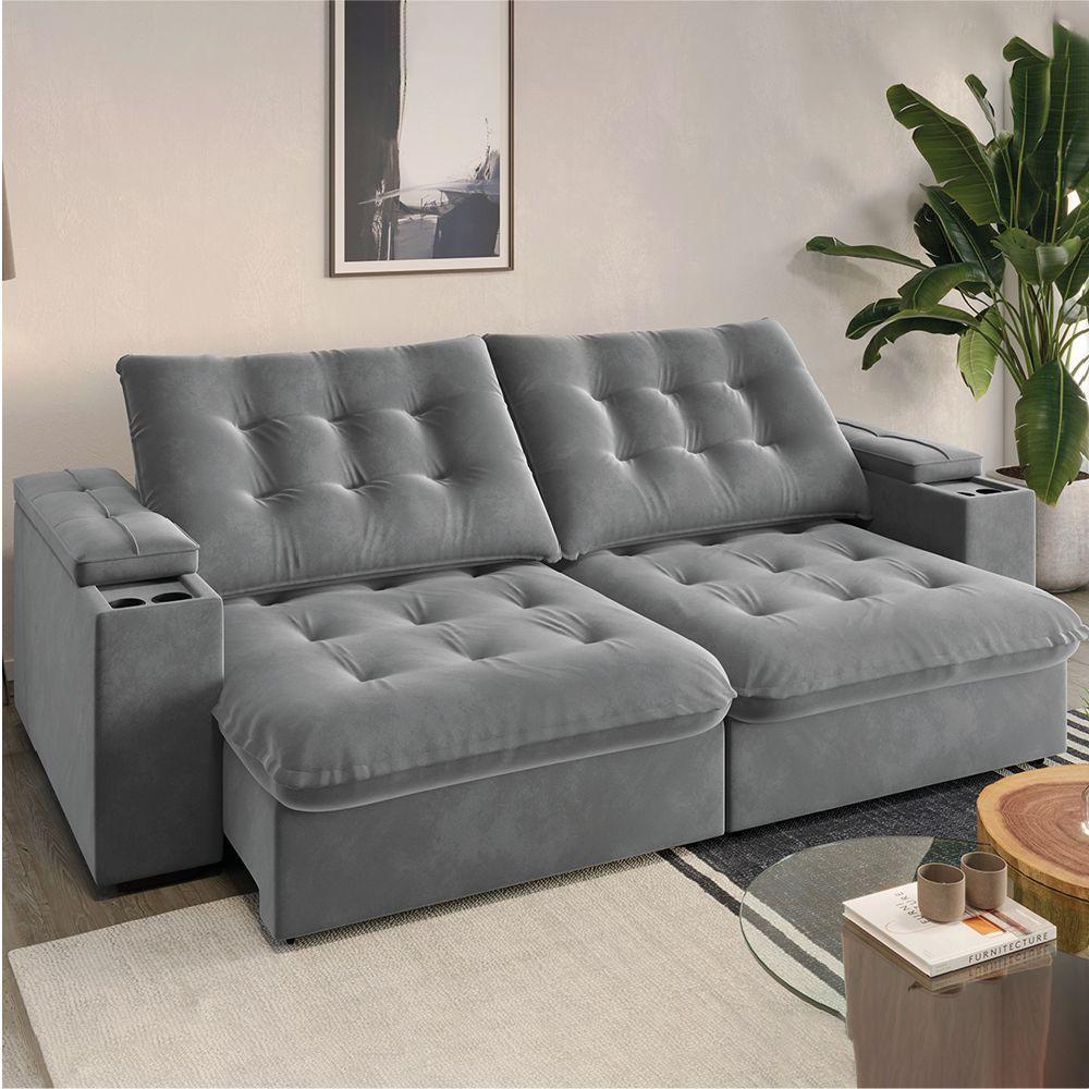 Sofá Retrátil E Reclinável 3 Lugares 2,30m Com Porta Copos Veludo New Coliseu Selmer Cinza Cinza - 1