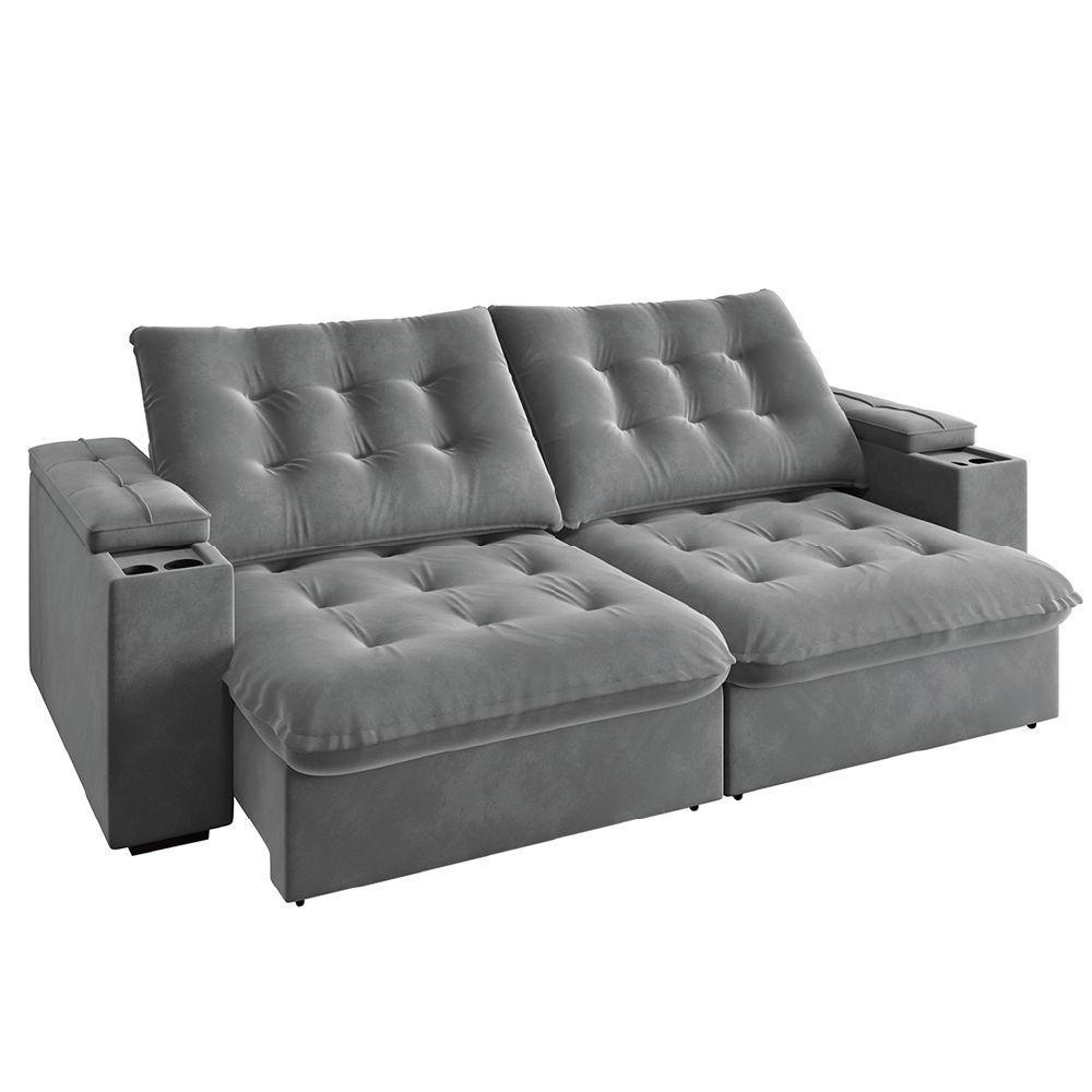 Sofá Retrátil E Reclinável 3 Lugares 2,30m Com Porta Copos Veludo New Coliseu Selmer Cinza Cinza - 2