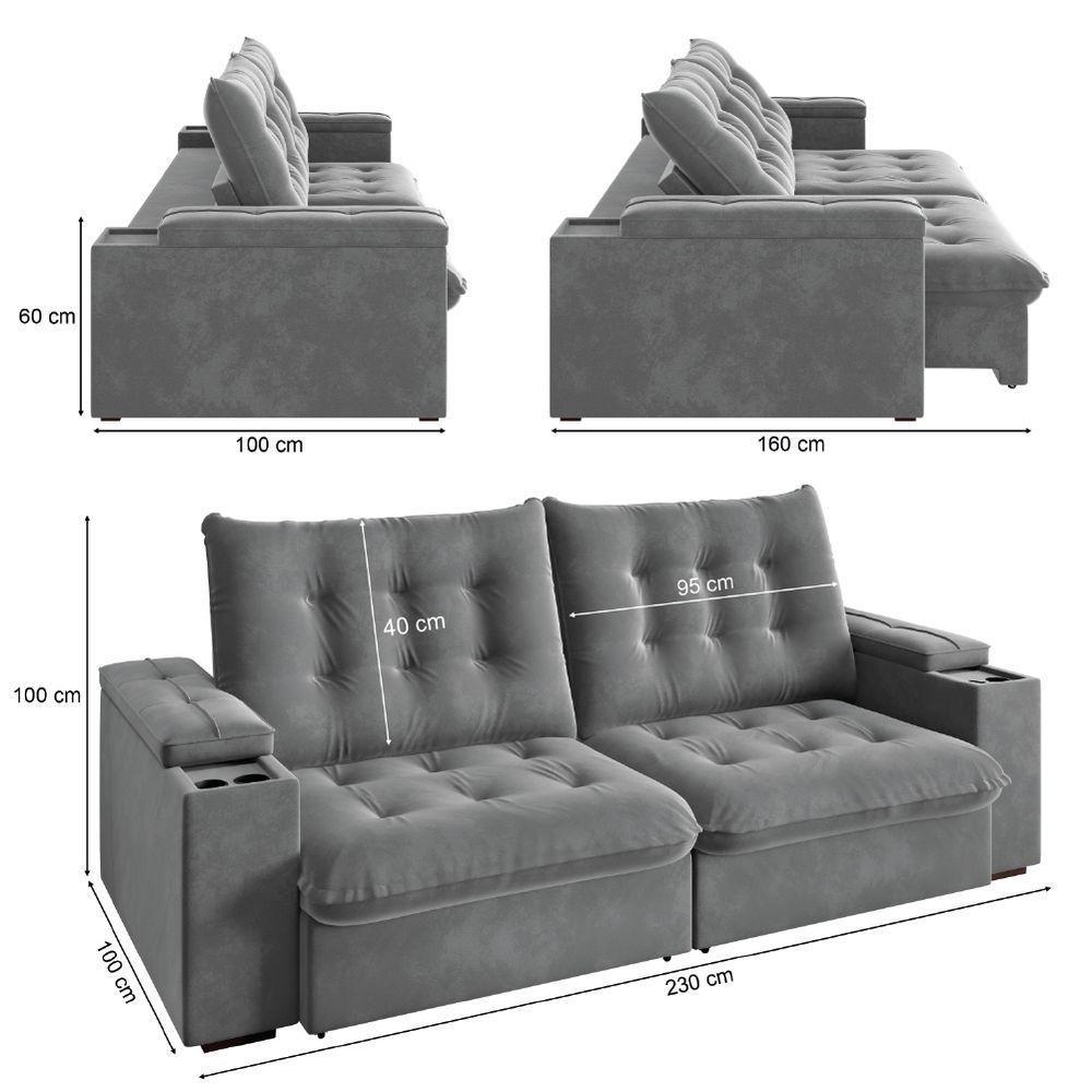 Sofá Retrátil E Reclinável 3 Lugares 2,30m Com Porta Copos Veludo New Coliseu Selmer Cinza Cinza - 3