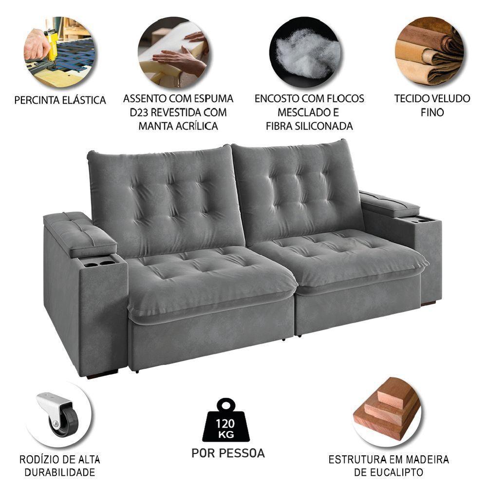 Sofá Retrátil E Reclinável 3 Lugares 2,30m Com Porta Copos Veludo New Coliseu Selmer Cinza Cinza - 4