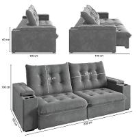 Sofá Retrátil E Reclinável 3 Lugares 2,30m Com Porta Copos Veludo New Coliseu Selmer Cinza Cinza - 3