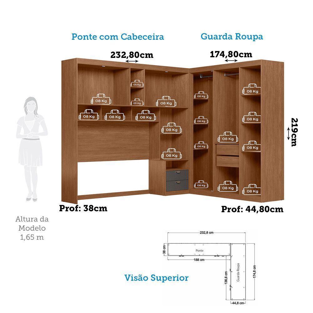 Guarda Roupa De Canto Com 7 Portas E 4 Gavetas E Cabeceira Lugano Santos Andirá Jatoba/grafitte - 3