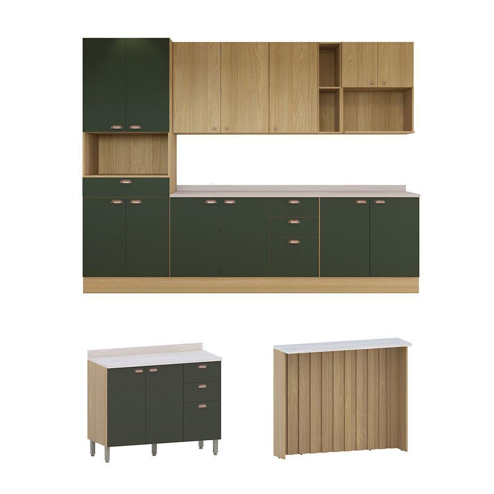Cozinha Modulada Completa Com Bancada Ilha 8 Peças Com Tampo Freijó/Freijó Brasil/Verde Amalfi - 2
