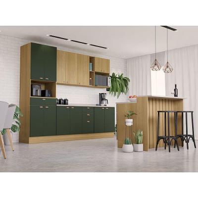 Cozinha Modulada Completa Com Bancada Ilha 8 Peças Com Tampo Freijó/Freijó Brasil/Verde Amalfi