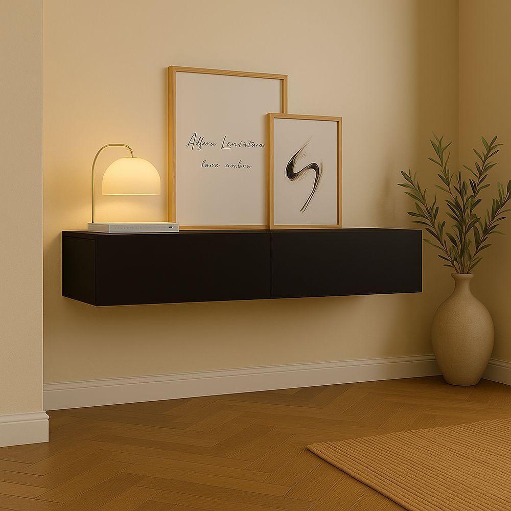 Aparador Bancada 110cm Suspenso 2 Gavetas Em Mdf Estilo Clássico Preto - 1