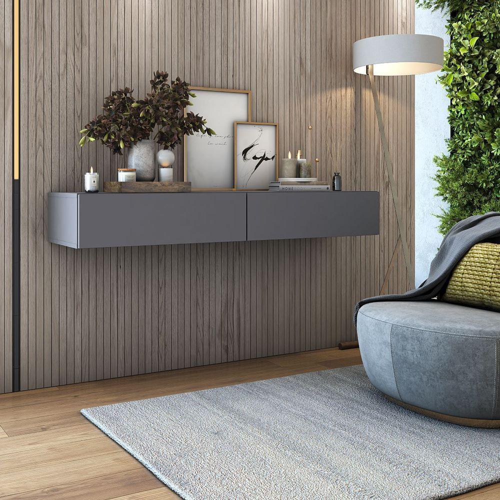 Aparador Bancada 110cm Suspenso 2 Gavetas Em Mdf Estilo Clássico Cinza - 4