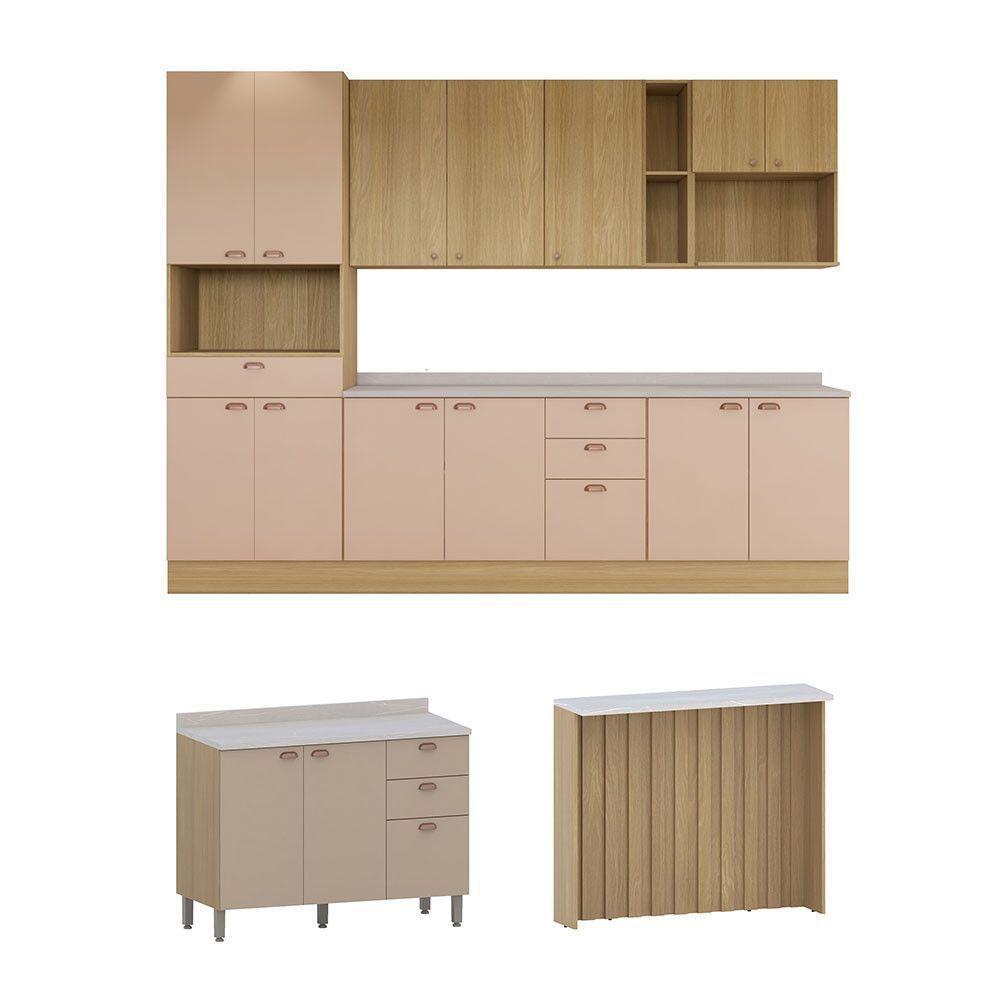 Cozinha Modulada Completa Com Bancada Ilha 8 Peças Com Tampo Freijó/freijó Brasil/Petala Rosa - 2