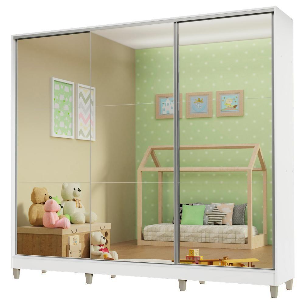 Guarda Roupa Infantil 100% Mdf Madesa Logan 3 Portas De Correr De Espelho Com Pés - Branco - 2