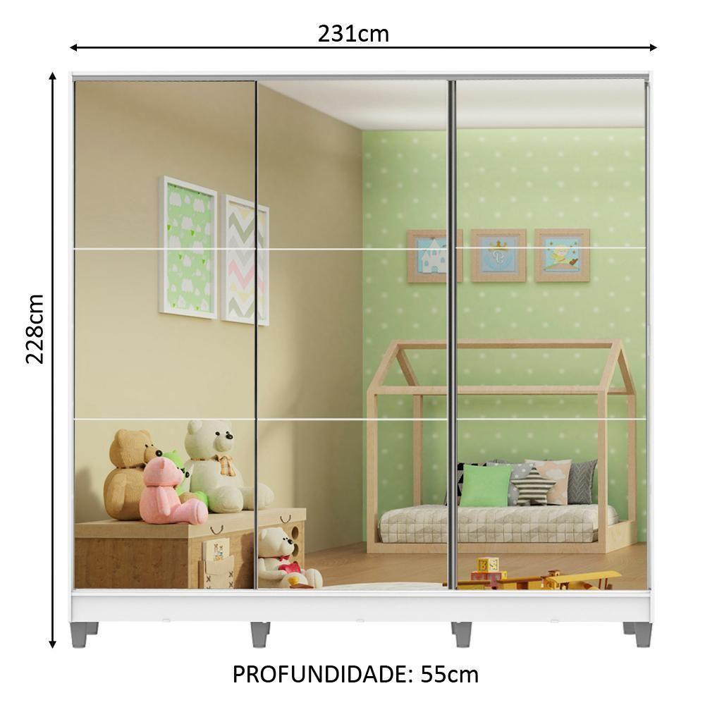 Guarda Roupa Infantil 100% Mdf Madesa Logan 3 Portas De Correr De Espelho Com Pés - Branco - 4