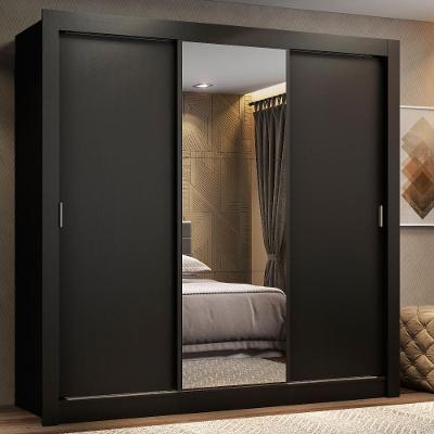 Guarda Roupa Casal Lyon 3 Portas de Correr 2 Gavetas Preto com Espelho