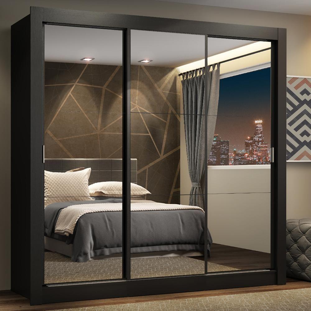 Guarda Roupa Casal Madesa Lyon Plus 3 Portas De Correr De Espelho 4 Gavetas - Preto - 8