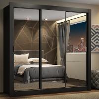 Guarda Roupa Casal Madesa Lyon Plus 3 Portas De Correr De Espelho 4 Gavetas - Preto - 1