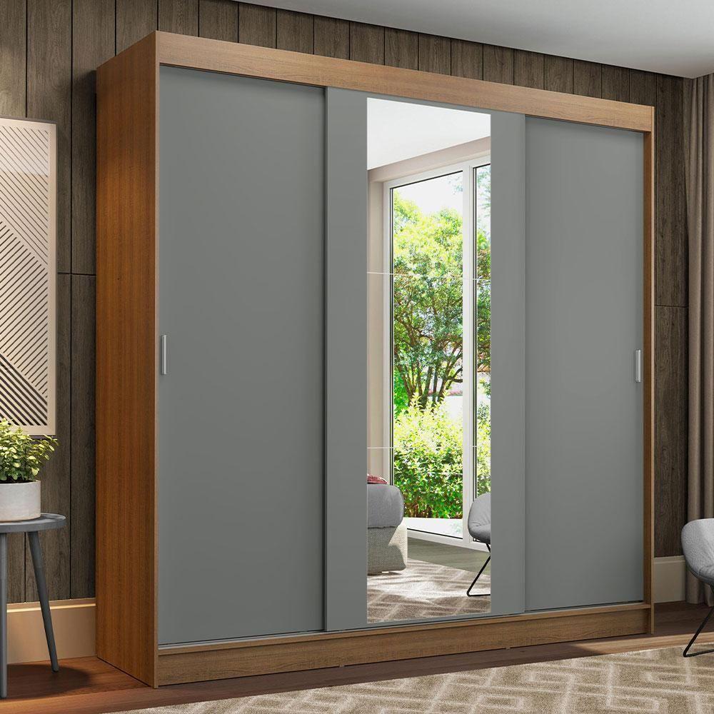 Guarda-roupa Casal Madesa Reno 3 Portas De Correr Com Espelho Rustic/Cinza - 1