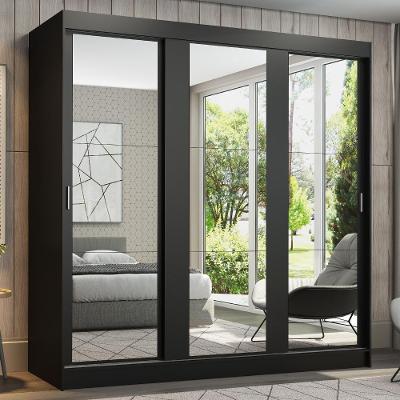 Guarda Roupa Casal Reno 3 Portas de Correr 4 Gavetas Preto Preto com Espelho