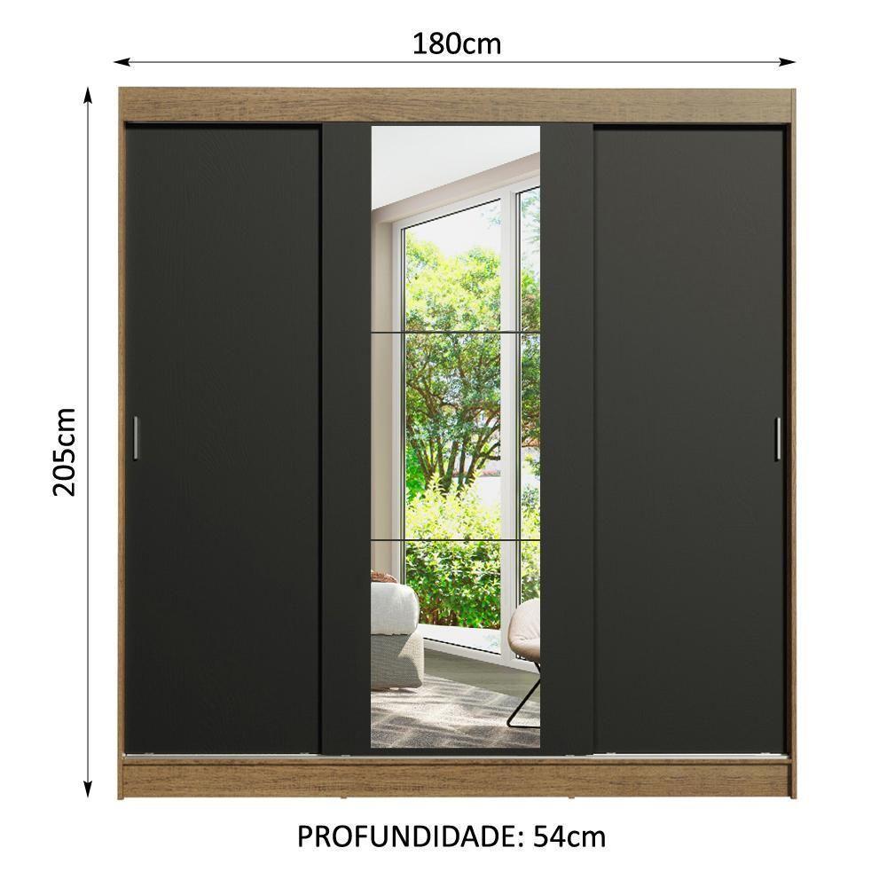 Guarda-roupa Casal Madesa Reno 3 Portas De Correr Com Espelho Rustic/Preto - 7