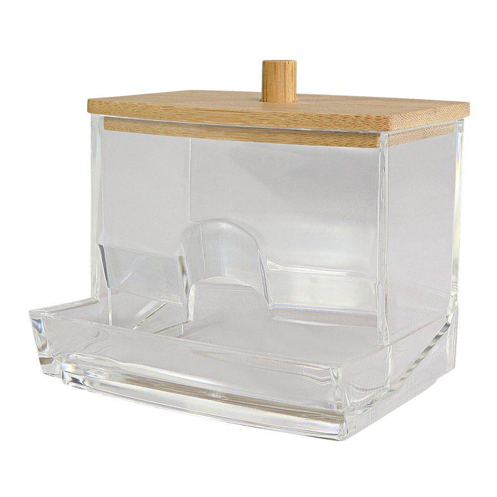 Porta Cotonete Organizador Transparente Com Tampa De Bambu - 1