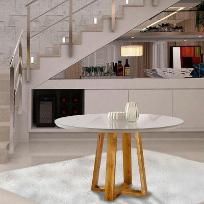 Mesa de Jantar Redonda Tampo de Vidro 100cm Mel/Off White