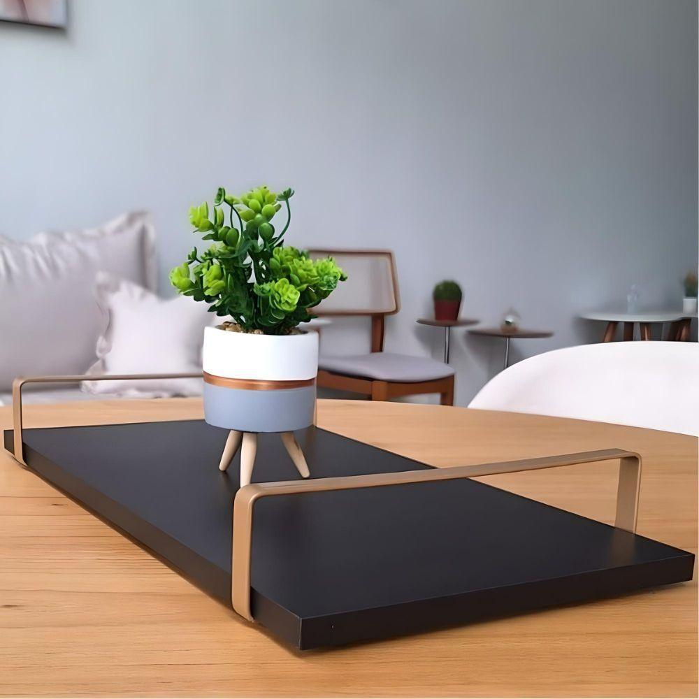 Bandeja Decorativa Preta Com Borda Infinita Alça Cobre - 2