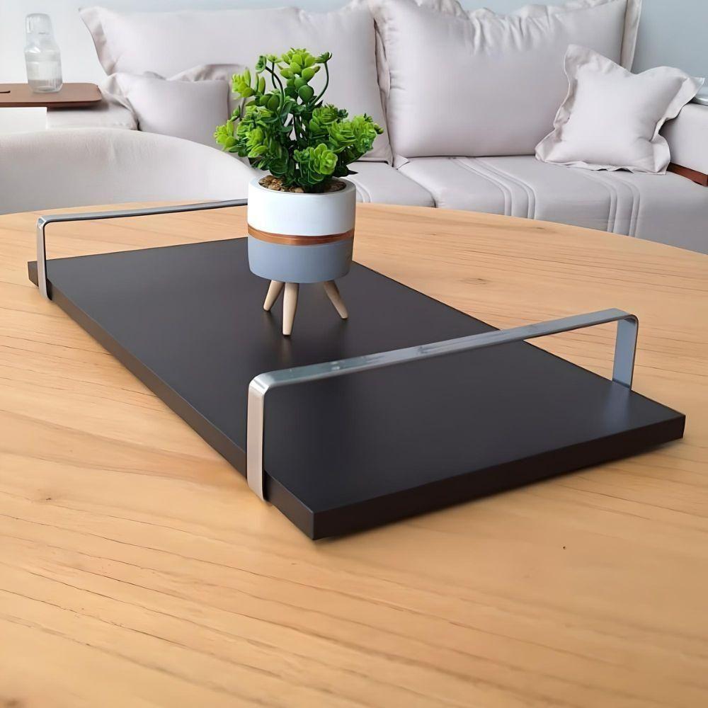 Bandeja Decorativa Preta Com Borda Infinita Alça Prata - 4