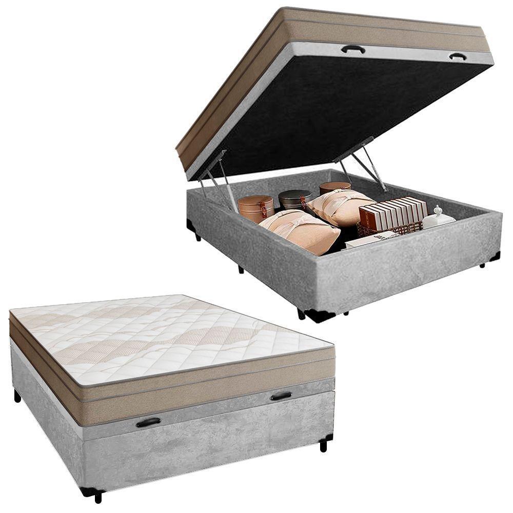 Cama Box Baú Casal Suede + Colchão De Molas Ensacadas Portobel Ipanema - 138x188x66cm Cinza - 1