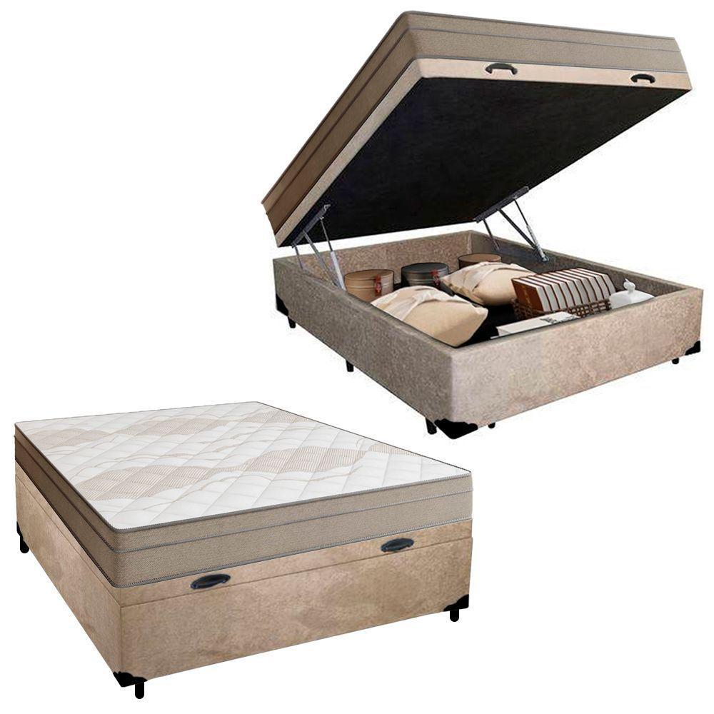 Cama Box Baú Casal Suede + Colchão De Molas Ensacadas Portobel Ipanema - 138x188x66cm Bege - 1