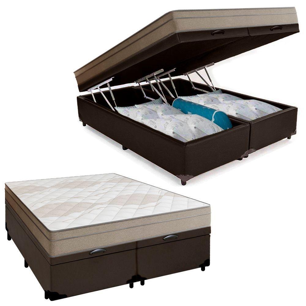 Cama Box Baú Casal Bipartido Sintético + Colchão De Molas Ensacadas Portobel Ipanema - 138x188x66cm Marrom - 1