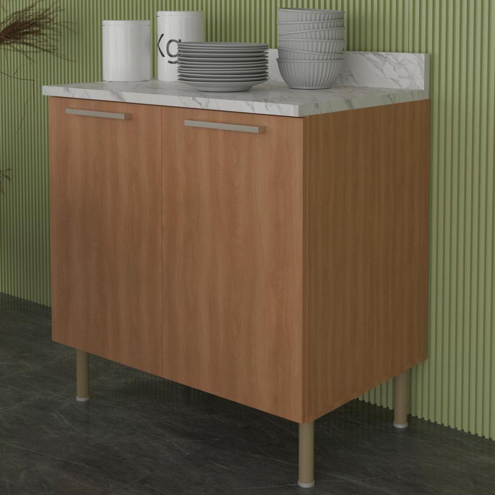 Balcão Com Tampo 80 Cm 2p Mdp Marmore Branco Freijo Tecno Mobili Marmore Branco Freijo - 2