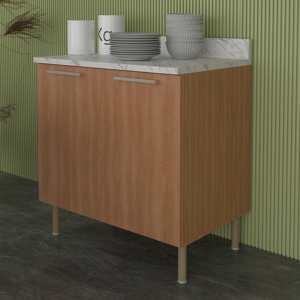 Balcão Com Tampo 80 Cm 2p Mdp Marmore Branco Freijo Tecno Mobili Marmore Branco Freijo - 8