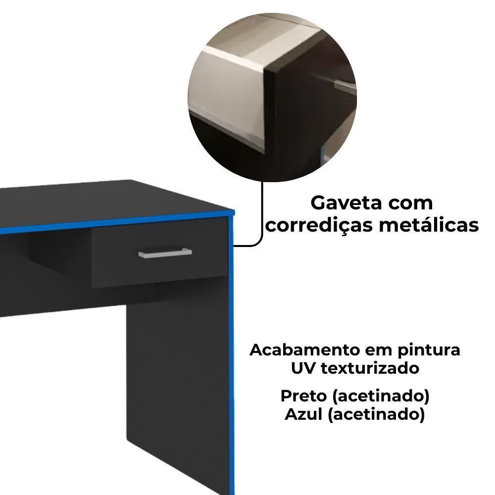 Mesa Escrivaninha Gamer 1 Gaveta 160 Cm Preto Azul Arly Preto Azul - 5