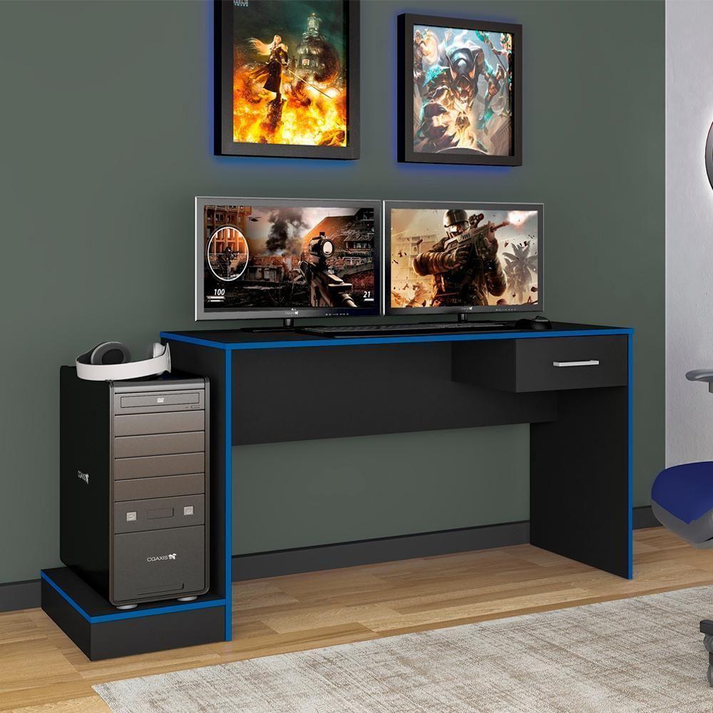 Mesa Escrivaninha Gamer 1 Gaveta 160 Cm Preto Azul Arly Preto Azul - 6