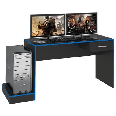 Mesa Escrivaninha Retangular Gam Moderna 1 Gaveta MDF 160.5 cm Preto Azul
