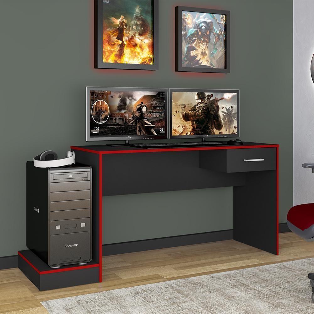 Mesa Escrivaninha Gamer 1 Gaveta 160 Cm Preto Vermelho Arly Preto Vermelho - 6